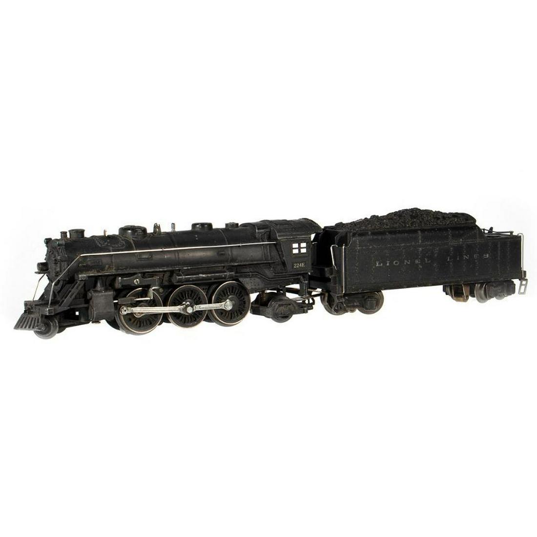 Lionel 224E 2-6-2 Locomotive, 2224W Whistle Lionel: Lionel 224E Locomotive 2-6-2. Paint wear in usual spots. Missing bell. Whistle, markers, pony truck, trailing truck, pick ups, valve gear, hand rails - intact. Wheels spin freely. 2224W Handrails, cou