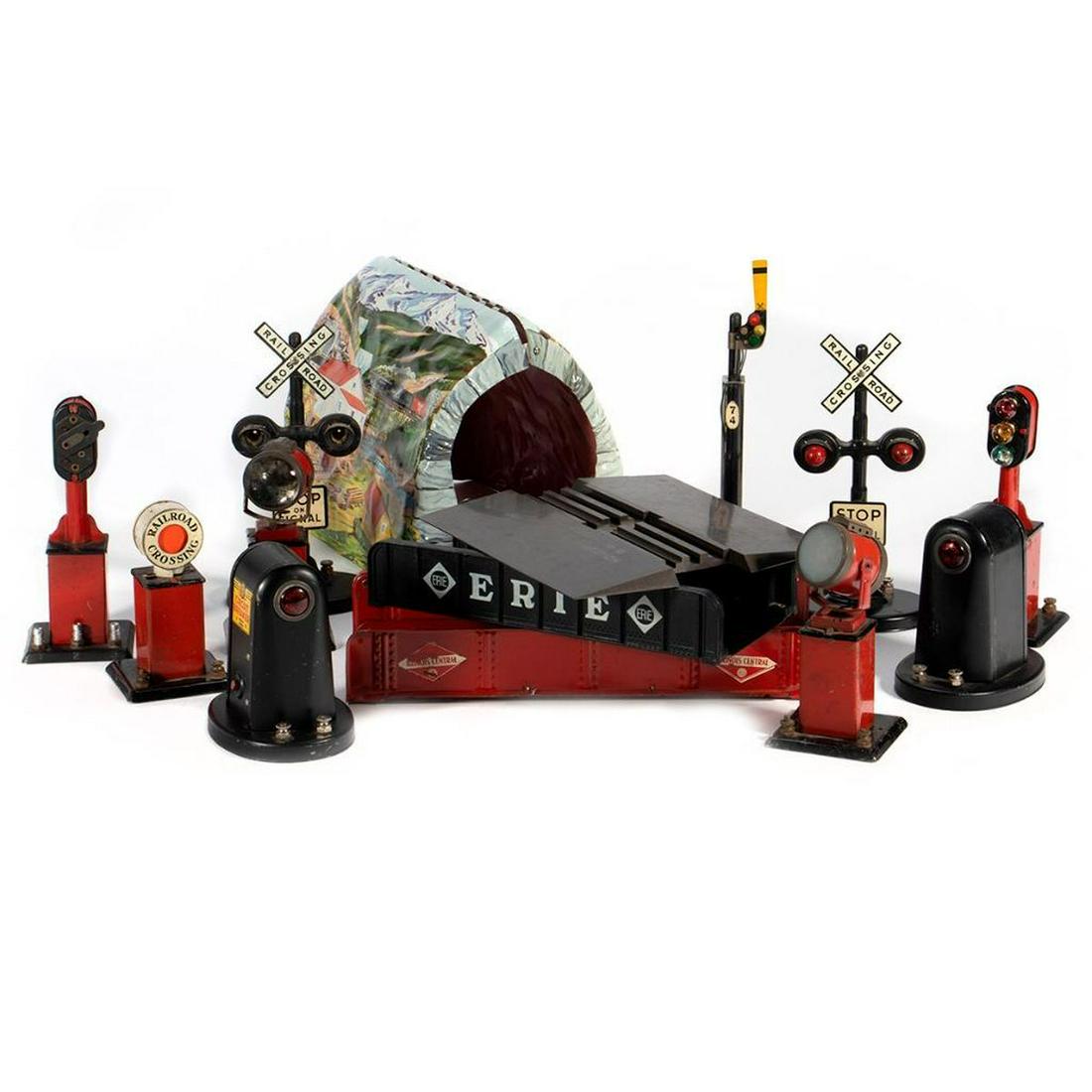 Marx train accessories: Marx Semaphore â€œ74”, 2 light signal, 3 light signal, Oval base crossing signal, Oval base crossing signal, Oval base circuit breaker, O val base circuit breaker, Flood light with frosted l