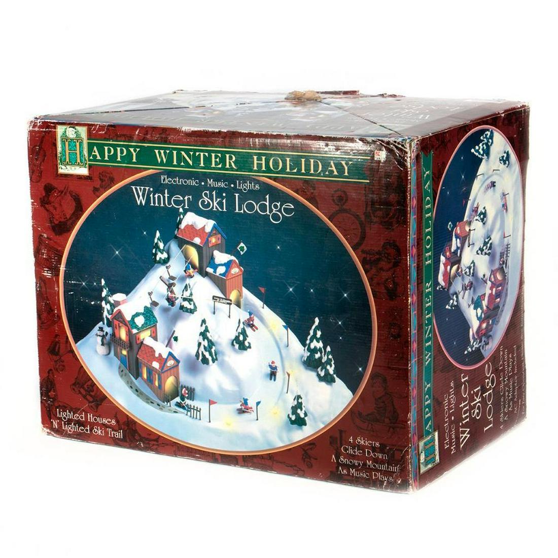 Happy Winter Holiday Winter Ski Lodge: Boxed Accessory. Ski Lodge mountain with skiers.