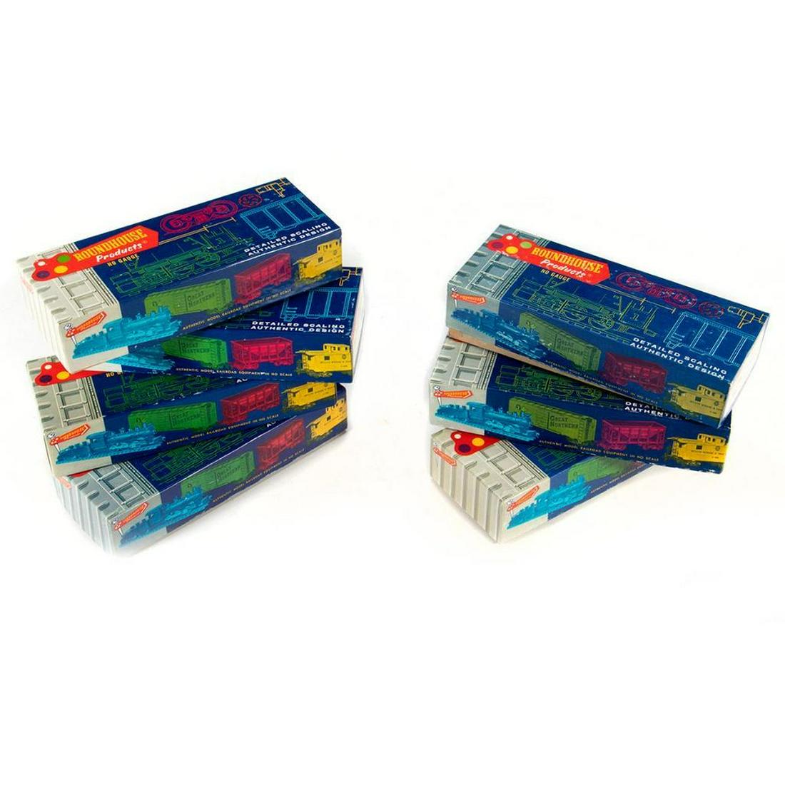 Roundhouse train cars: Roundhouse HO Kits 3206 Four Window Caboose SPSF, 3025 36â€™ Billboard Box Car Hercules Powder, 3127 Billboard Reefer Schlitz, 3124 Billboard Reefer Miller High Life, 3123 Billboard Reefer Pabst,