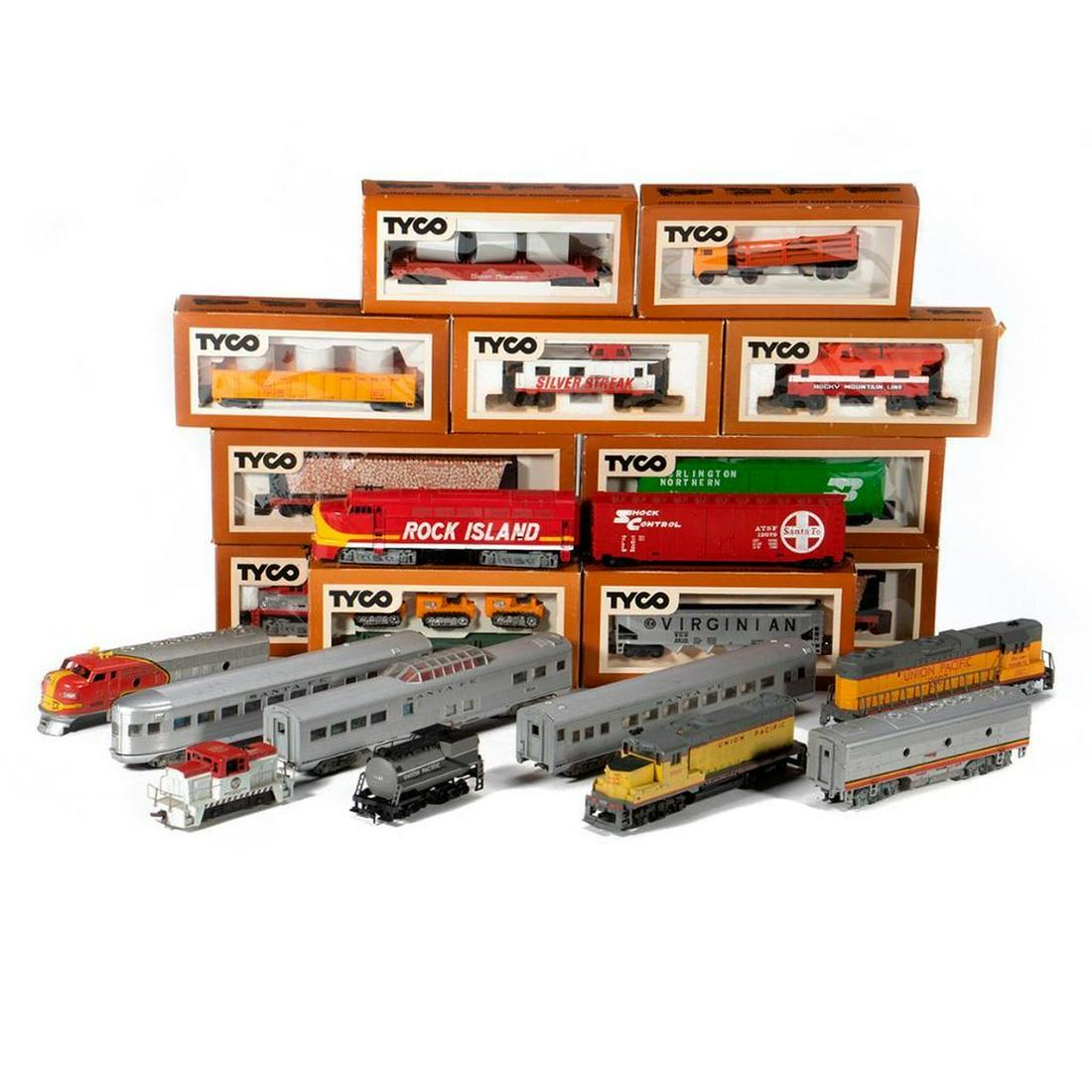 HO Scale train cars: HO Scale-Tyco Rock Island Diesel, Mantua-Tyco Union Pacific Diesel, Life Like Union Pacific Diesel, Tyco Santa Fe Diesel, Unknown RCA Diesel, Santa Fe Steam Loco Parts, UP Oil tender, Athearn Santa Fe