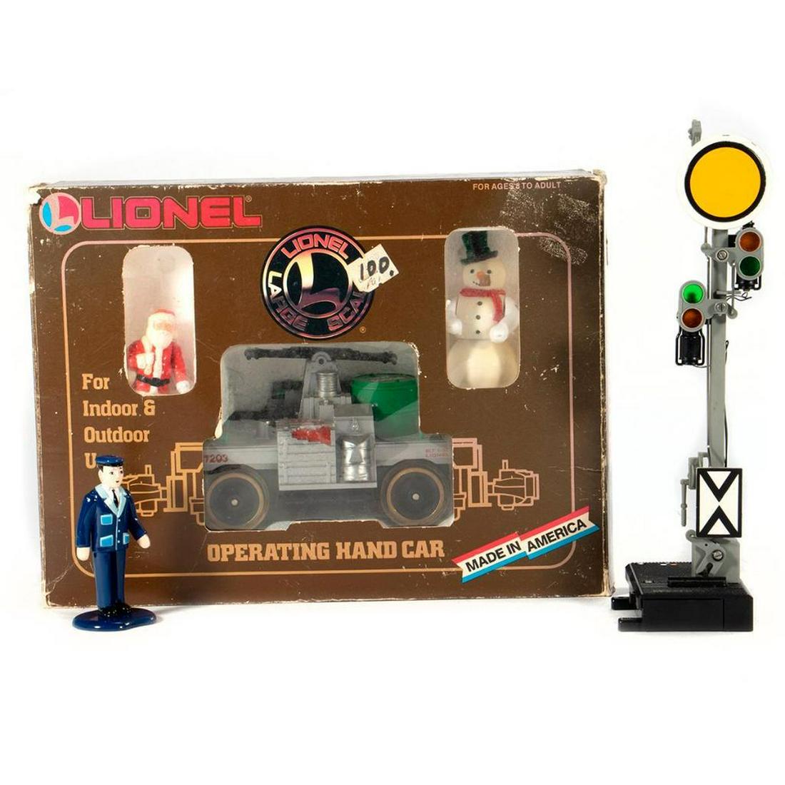Lionel G Gauge 8-87203 Operating Hand Car, LGB 1201/10: Hand car in box with santa and snowman figures. Semaphore and policeman figure