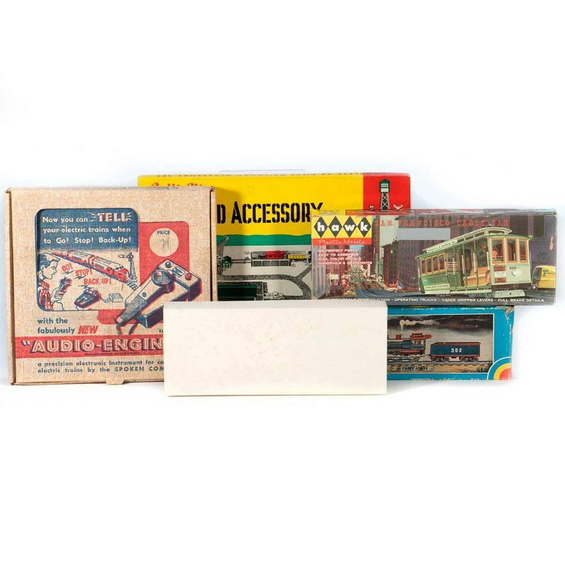 O Scale train cars and accessories: O Scale-Audio Engineer, Built Rite Set No 111, Hawk San Francisco Cable Car, American Model Toys Stock Car Kit, Casey Jones Locomotive and Tender Kit Boxed Bilt Rite cardboard rail road accessory set,