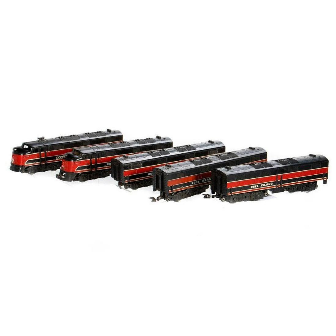 O Gauge Marx Lehigh Valley (2) A Units and (3) B Units: Marx 99 Lehigh Valley A Unit with all four corner steps and one horn. One inch chip on back top edge; Marx 99 Lehigh Valley A Unit missing right rear step, no horns, Front skirt has been cut out and a