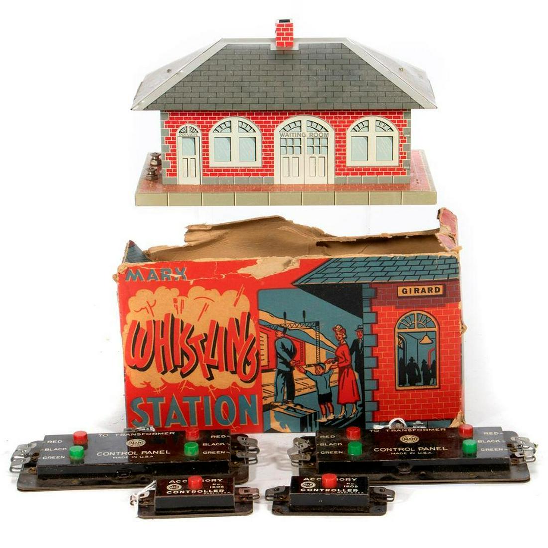 O Gauge Marx Whistling Station and switch and accessory: Girard Whistling Station with 1605 Accessory Controller, (2) Marx Switch controllers, (3) hanks of Marx three conductor switch cable, 1605 Accessory Controller