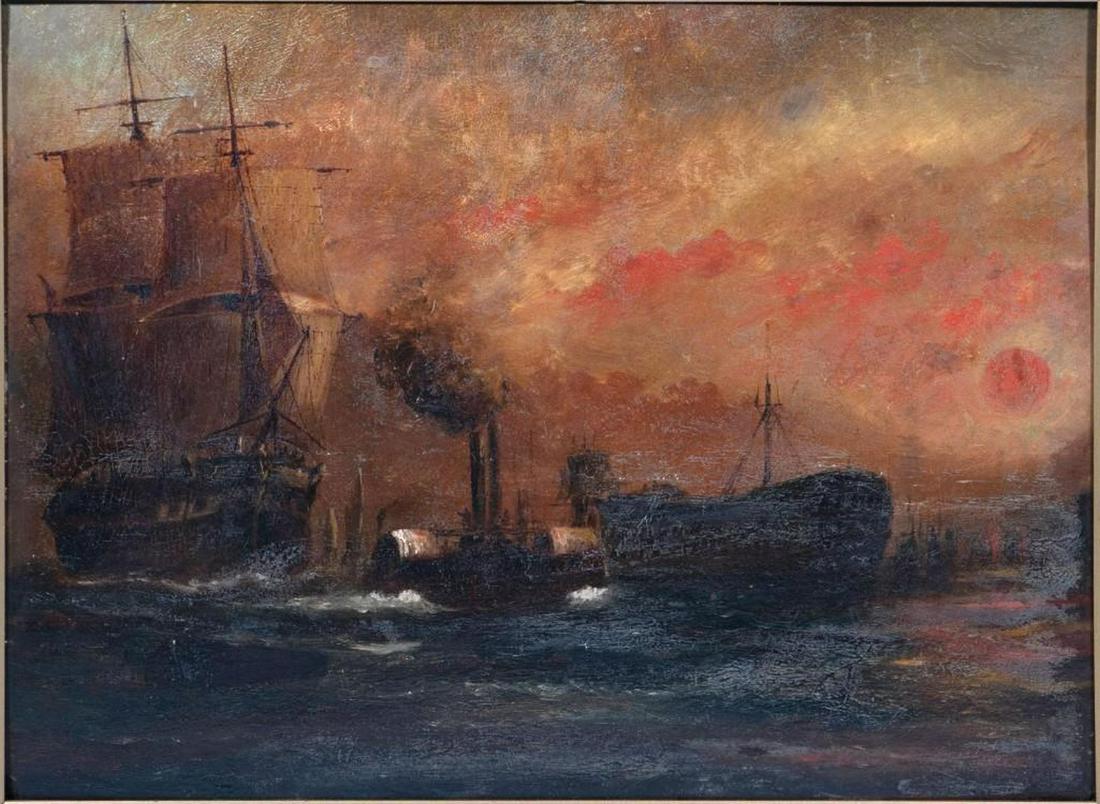 Oil on Board Harbor Scene: Possibly Scottish, depicting tug boats and a Sailing ship. Indistinct signature lower right. Sight 15 1/2in (40cm) w. 12in. (29cm) h. Framed: 21in. (53cm) w. 17in. (43cm) h. Condition: Very good.