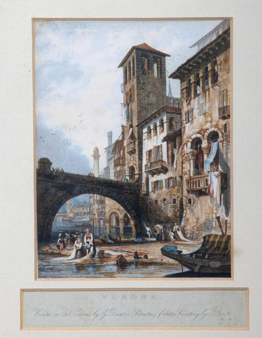 Hand Tinted Print of Verona: Printed by George Baxter. Pub. 1850 Sight: 4in. (10cm) w. 5in. (13cm) h. Framed: 8 1/2in. (22cm) w. 10in. (25cm) h.