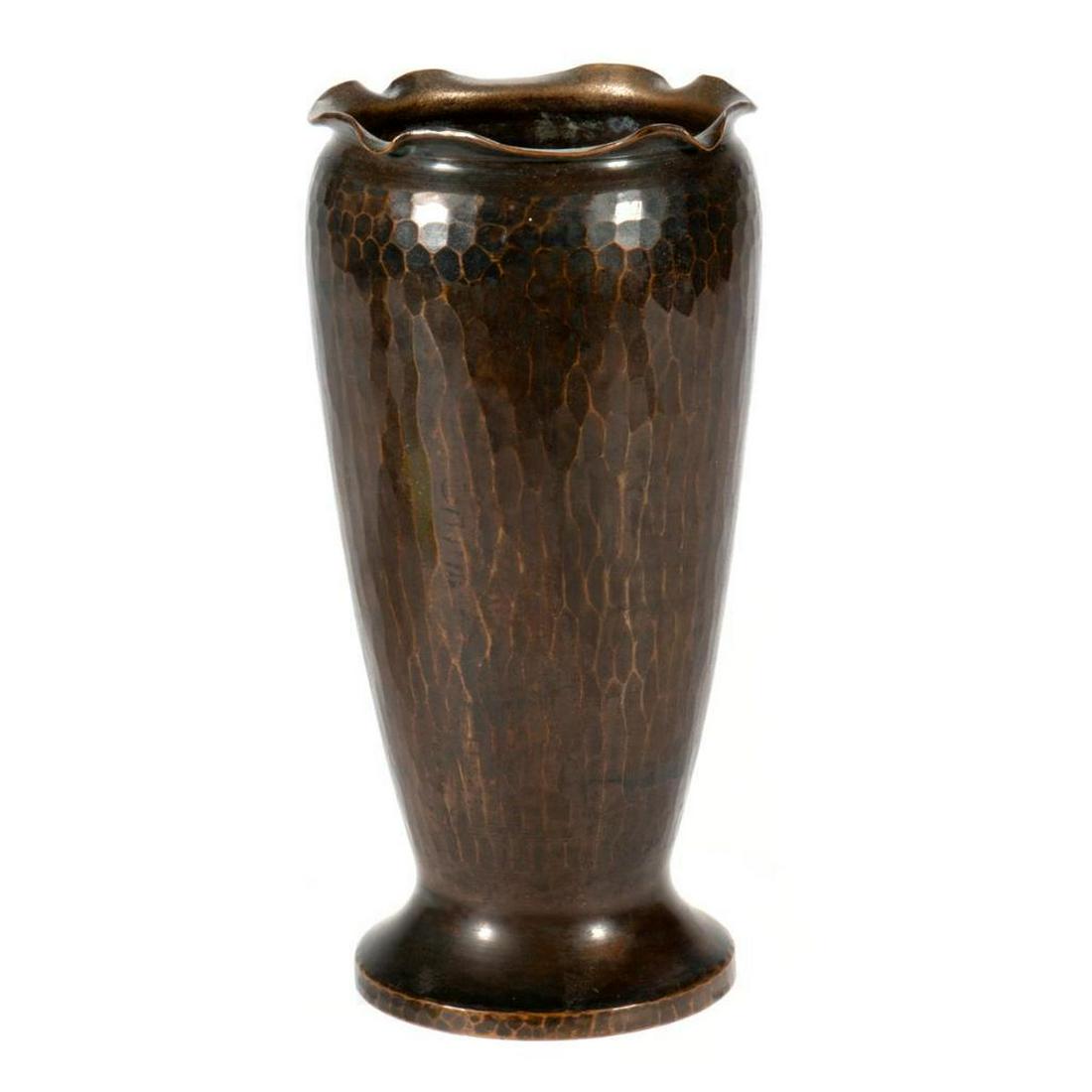 Roycroft Hammered Copper Vase: The vase with everted rim and outset base. Orb and cross mark. 5 1/2in (14cm) h Condition: Very good patination.
