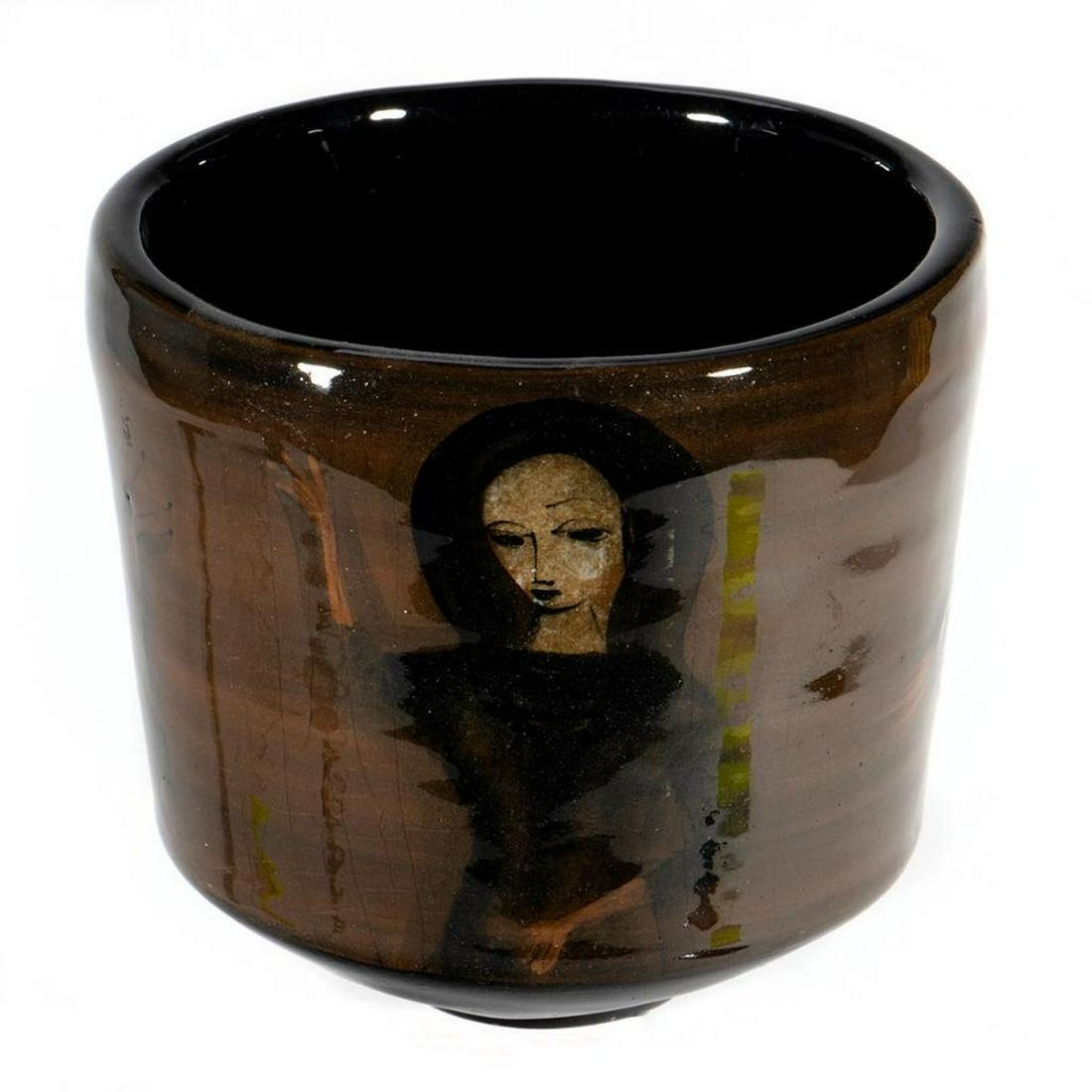 Polia Pillin Mid-Century Ceramic Bowl: Polia Pillin (1909-1992) Polish-American The cylindrical bowl on narrow foot decorated with painterly images of women, bird and tree. Signed on base. 4in. (10cm) h. Condition: Very good.