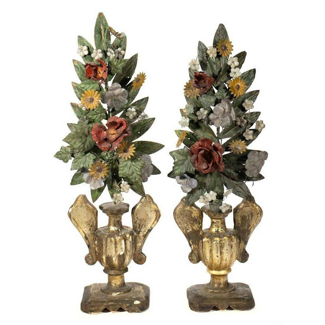 Pair Italian Gilt Wood Altar Urns with Tole Flowers: The 18th century gilt urns issuing tall bouquets of tole painted flowers. 24in. (61cm) h. Condition: Minor chips to gilt.