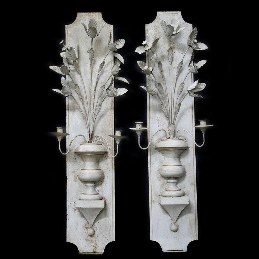 Pair Neoclassical Tole Sconces: The gilt banded grey urns issuing scrolled candle holders and tall palmette stems. 40in. (102cm) h. Condition: Very good.