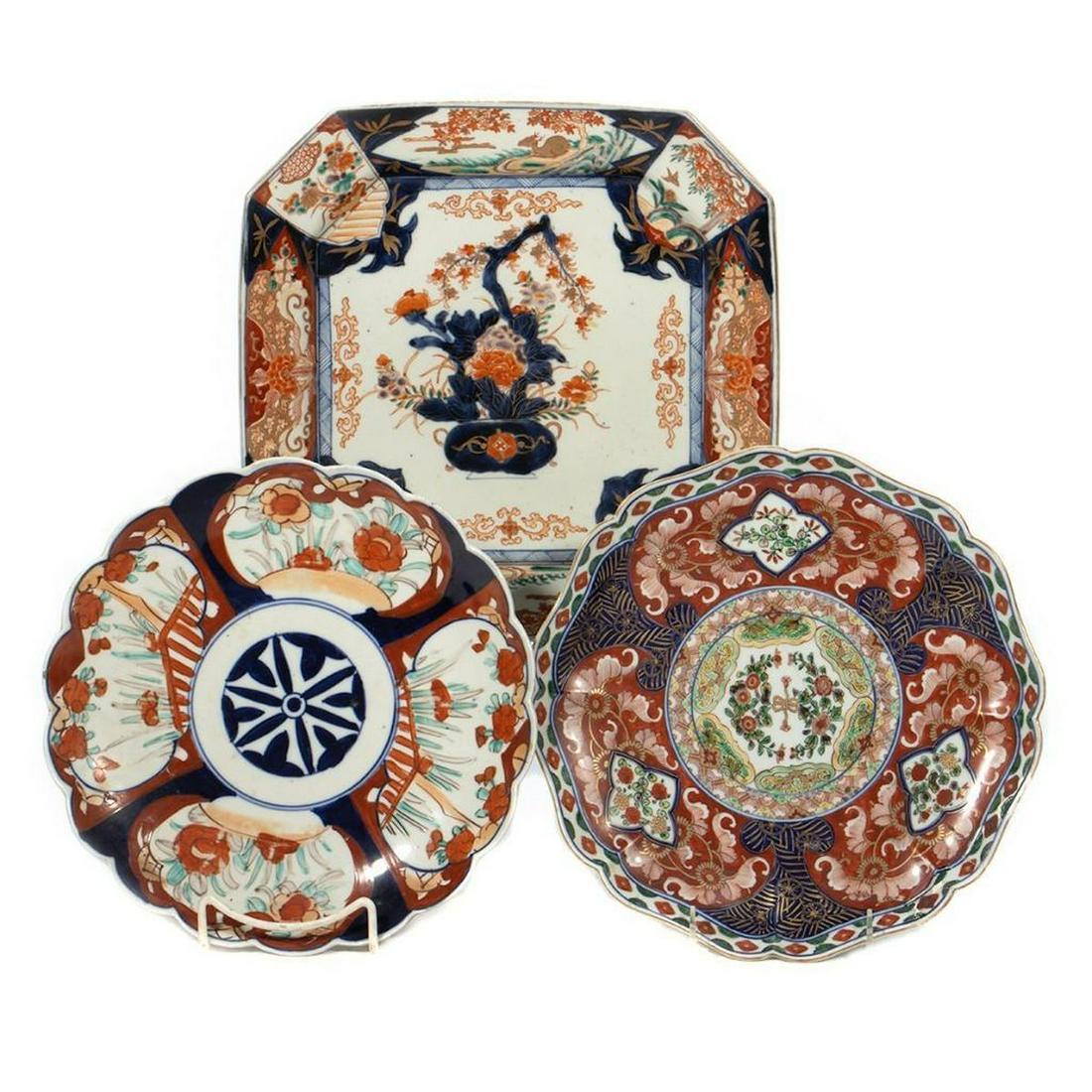 Antique Japanese Imari Plates: Antique Japanese Imari Plates. Greatest length: 12"d. Condition: Old staple repair on one, minor wear on all.