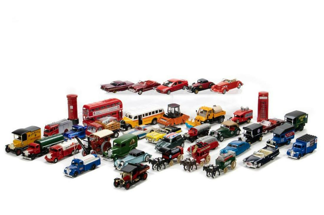 Die Cast Vehicles - Most About 1:43 Scale: Mattel 1929 Fowler B6 Steam Crane; Matchbox No Y12 Colman's Mustard Truck; Days Gone Harrods horse drawn delivery wagon; Matchbox Chevron no 10 Delivery Truck; Made in China farm truck with cow, pig, 