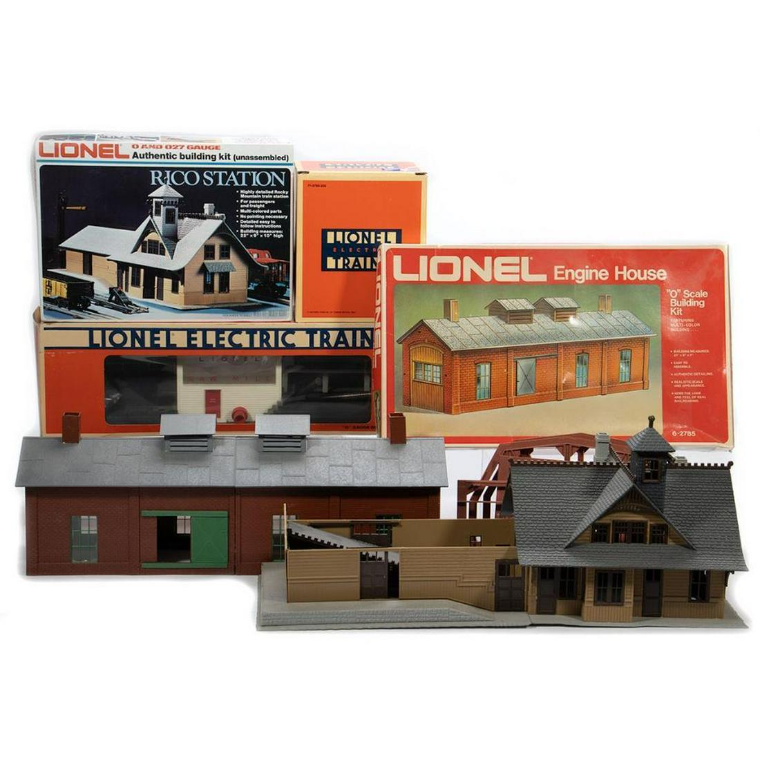 Lionel Accessories and Plastic Buildings: 6-2709 Rico Station building kit with original box - partially assembled with glue, may be missing parts; 6-2785 Engine House with original box - partially assembled with glue, may be missing parts; P