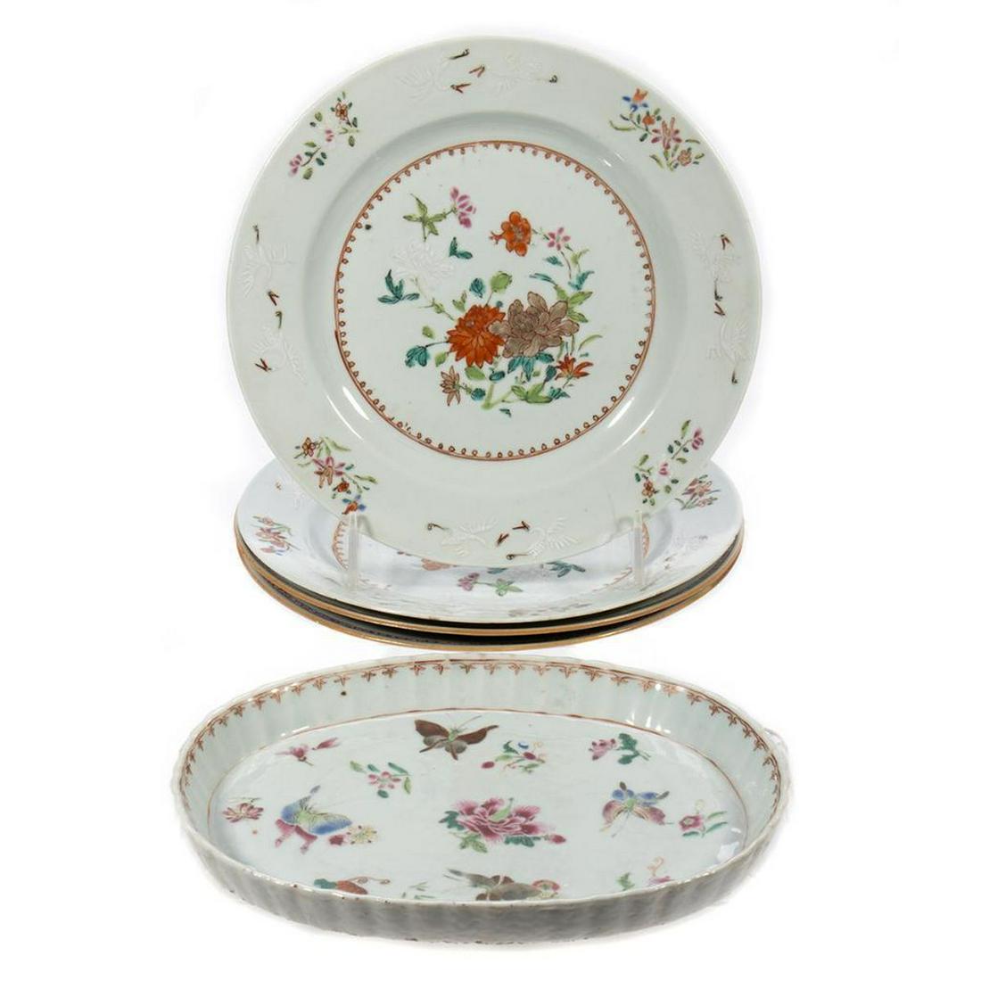 Collection of Chinese Export Plates: Decorated with peony and cranes. 9in diameter Condition: Small chips to rim of Crane plates
