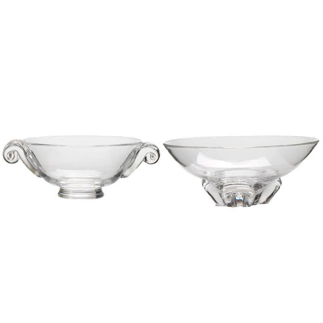 Steuben Glass Bowls: A lot of two, one with cyma curve handles. Greatest diameter 8in. Condition: Very good.