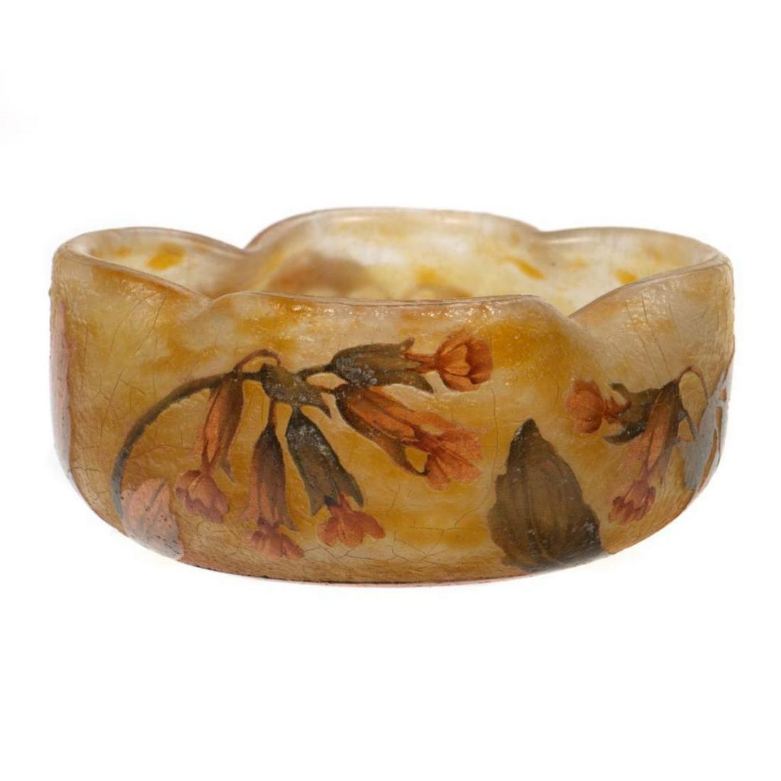 Daum Nancy Bowl: Etched and enamelled glass bowl decorated with bell flowers.Inscribed on side of bowl. 2 1/2in (6cm) h. 4 1/2in. (11cm) d. Condition: Very good, no chips or cracks+C52