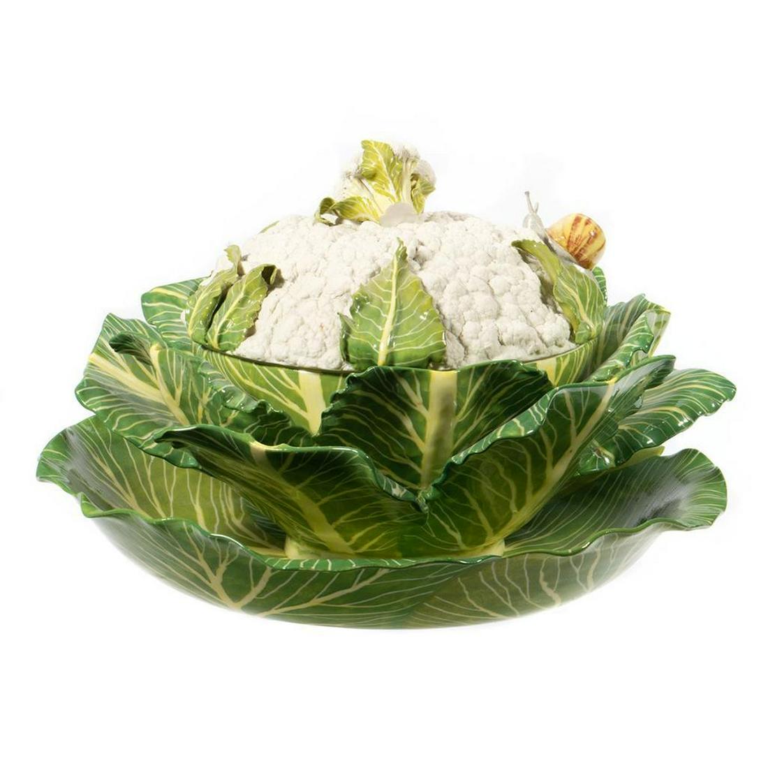 English Faience Hull Pottery Bellevue: In the form of a cauliflower, topped with a snail. With underplate. Underglaze mark of a bell. 12in. H 13in. D. Condition: Minor repair to one leaf.