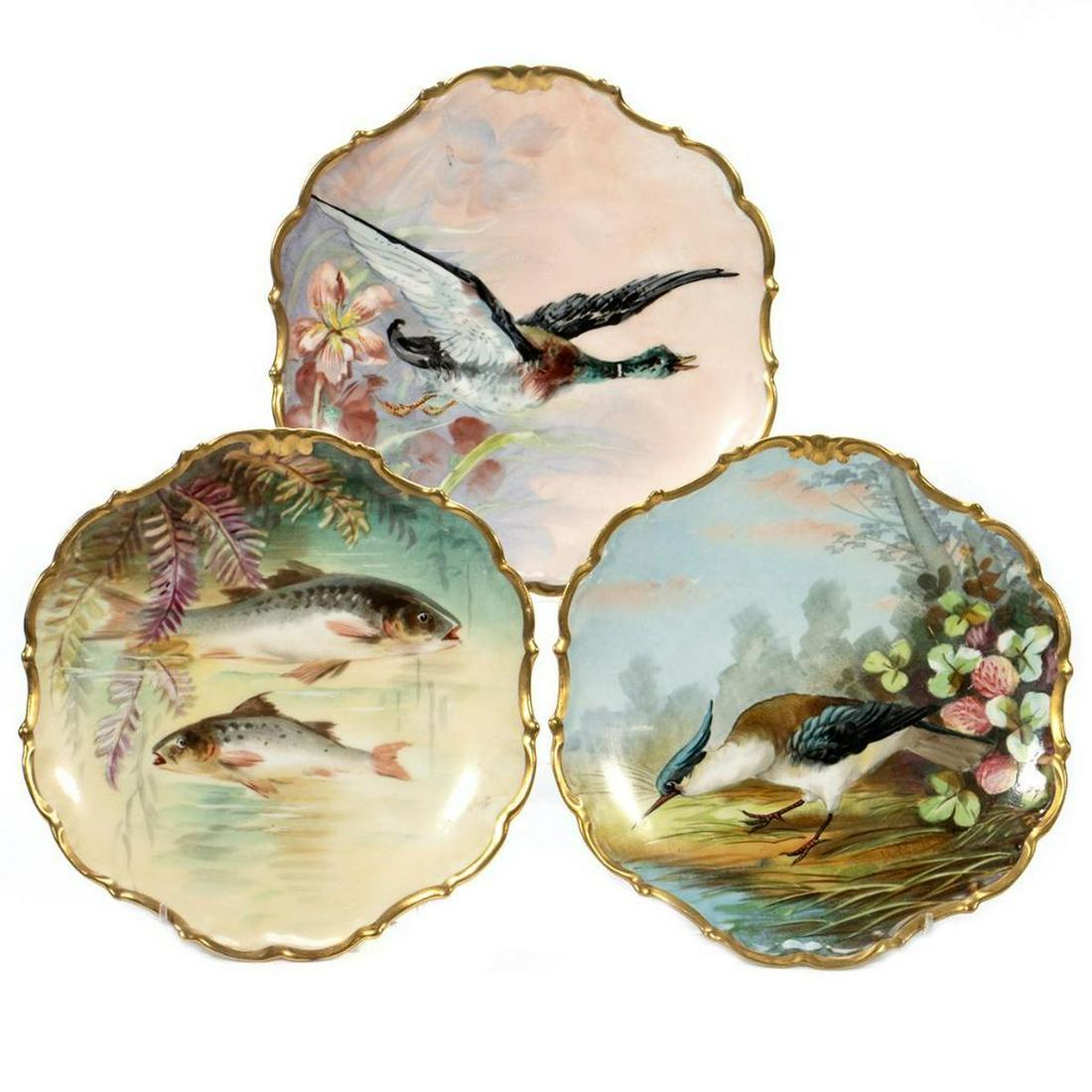 Three Hand Painted Limoges Plates.: Depicting scenes of nature, each signed. 9 1/2in. diameter Condition: Very good