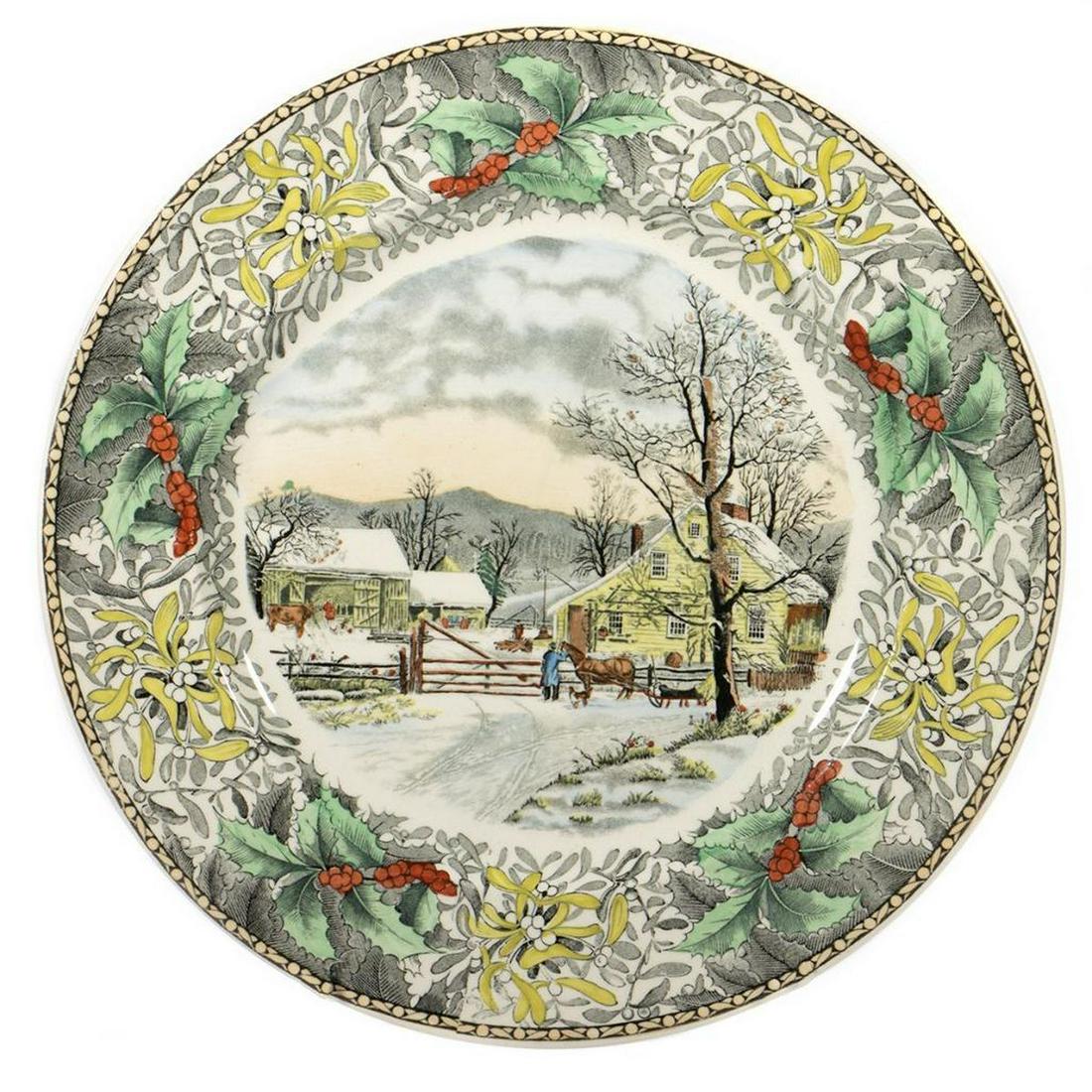 Currier Decorated Cabinet Plates: A set of twenty two 11in. Plates. Made by Adams for B. Altman. Each centering a nostalgic Americana scene within floral border. Condition: All very good.