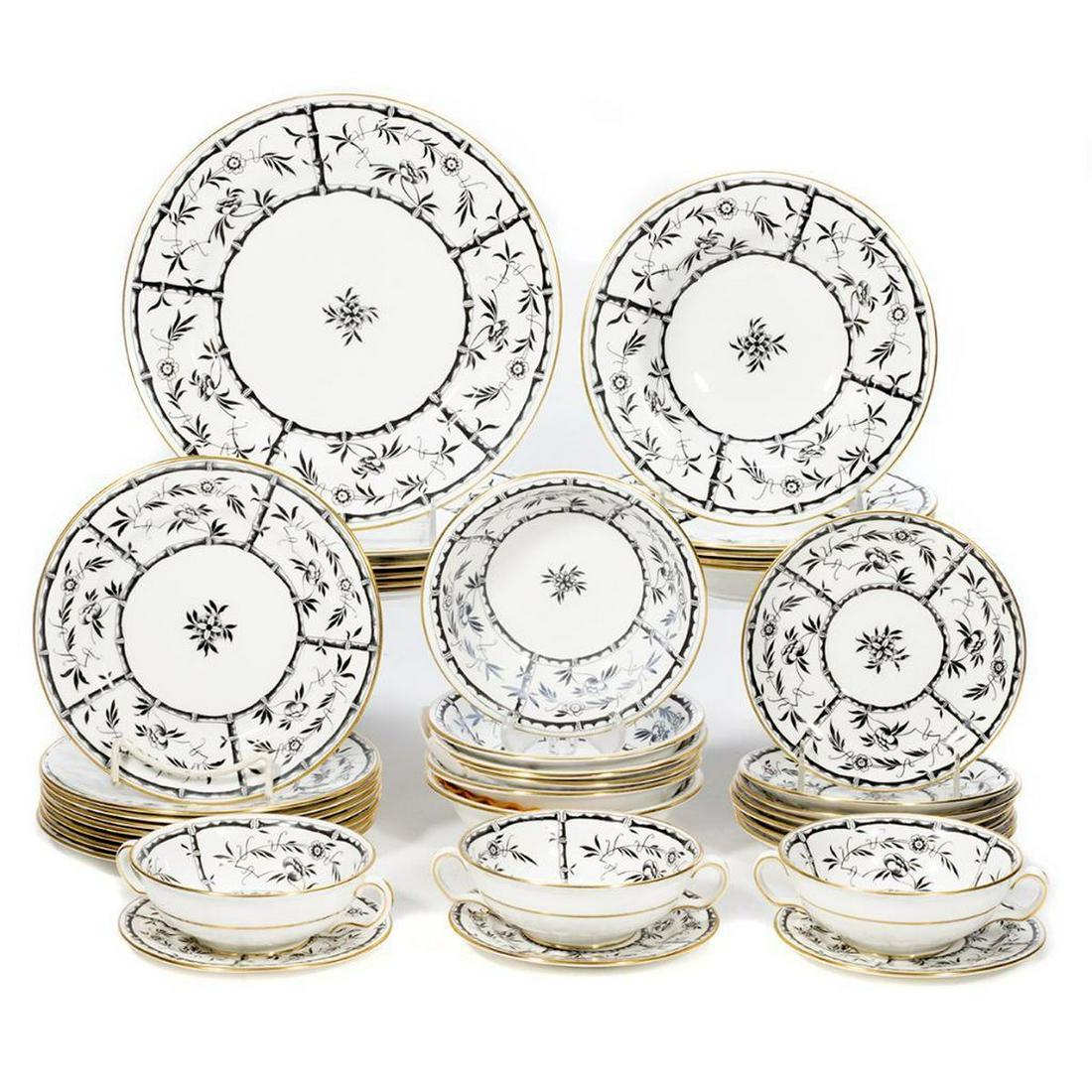 Hammersely & Co. for Tiffany Porcelain Service: Bamboo and gilt decorated part dinner service including;twelve cream soup, nine 6 in. plates, twelve 7 in. saucers, eight 8 in. plates, six 6 1/2 in. bowls, eight 9 in. bowls, ten 11 in. platesTotal: 