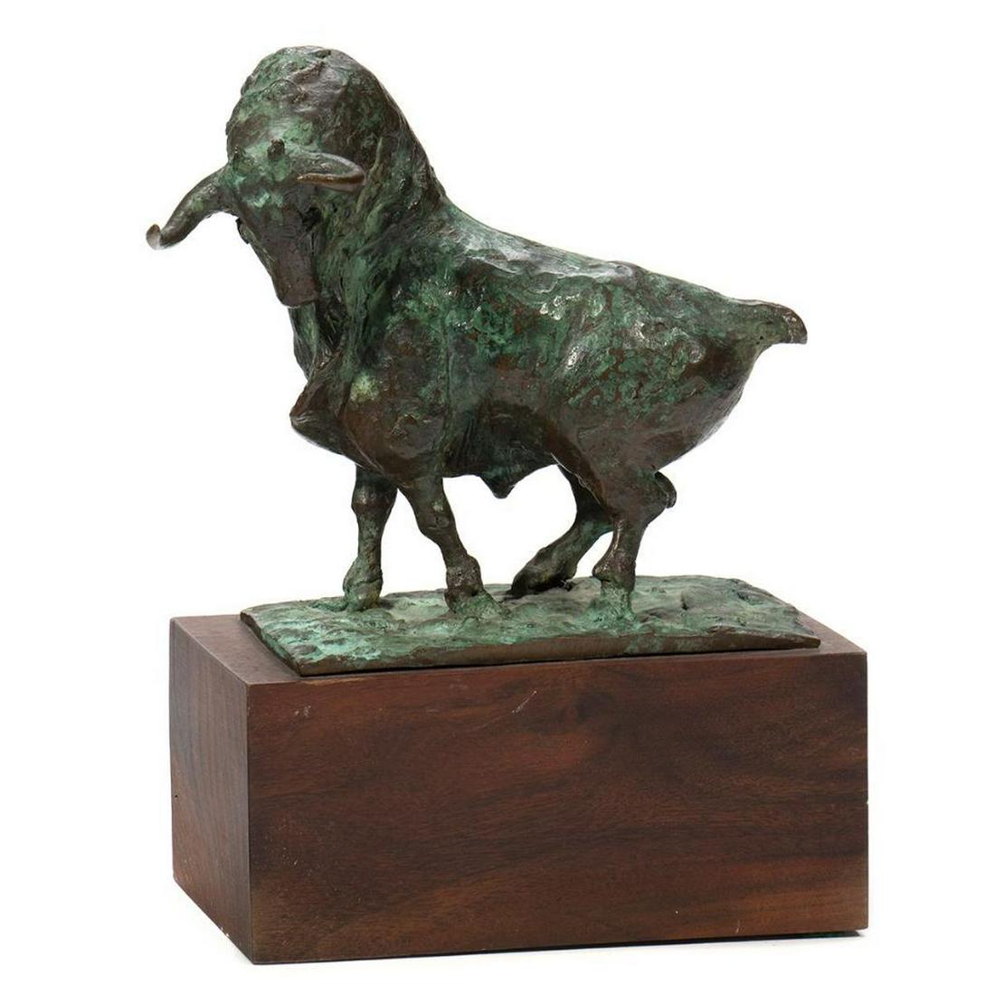 Patinated Bronze Model of a Longhorn Bull: On a wooden plinth. Indistinct signature Height of figure 7in. (18cm) Hight overall 10in. (25cm) Condition: Very good.