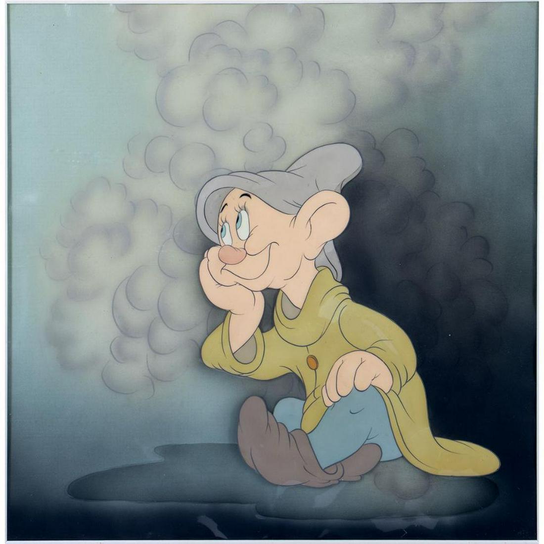 Disney "Snow White and the Seven Dwarfs" Original Cel: Original animation cel from the production of Disney's Snow White and the Seven Dwarfs, watercolor on celluloid, Title: "Dopey on Clouds" #45, with original background painting. Tagged verso: Courvoi