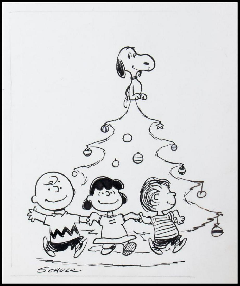 Charles Monroe Schulz (1922 - 2000): Artist: Charles Monroe Schulz (1922 - 2000). Medium: Pen and ink on paper board with a colored onion paper leaf. Title: Christmas. Size: 7" x 6.5" (sight). 10.25" x 8" (paper size). Signature:
