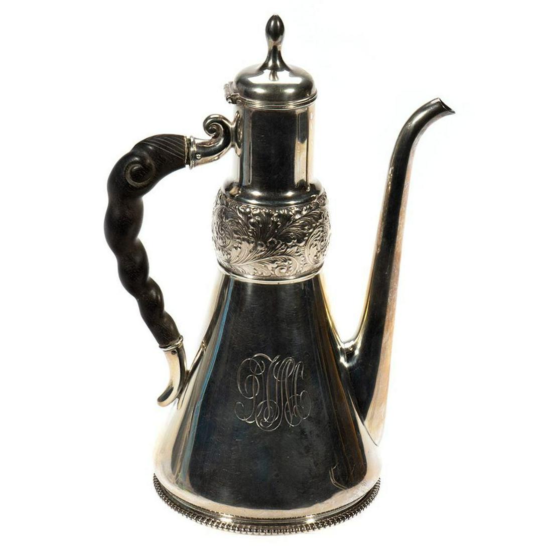 Sterling Coffee Pot: Hallmark for Birmingham. 9in. h. 361 grams Condition: Good, handle detached.