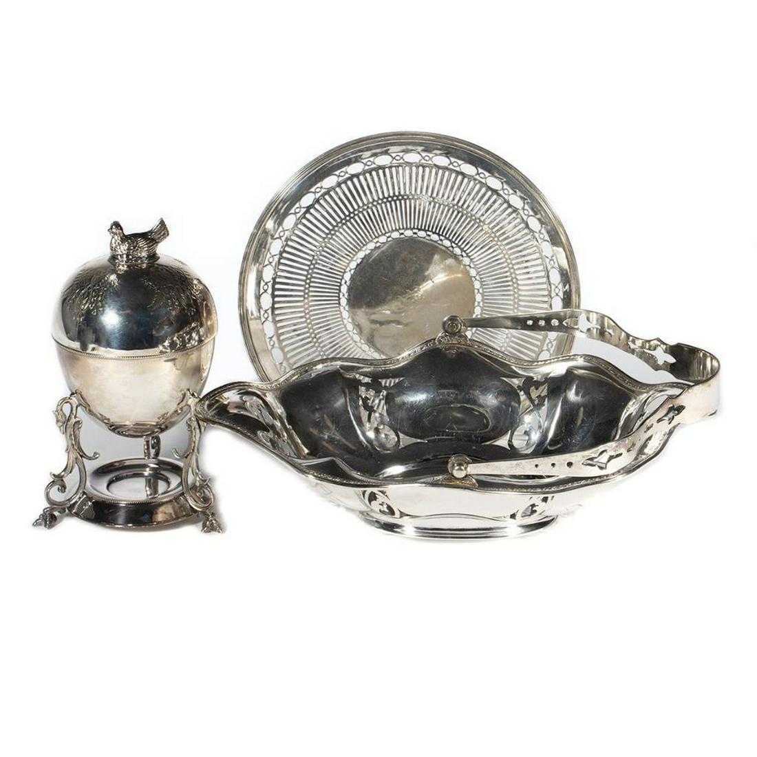 Victorian Style Silver Plate Serving Pieces: Including a very charming Egg Server, a Cake Basket and Sheffield pierced plate. Height of Egg Server 9in. (23cm) Condition: Very good.