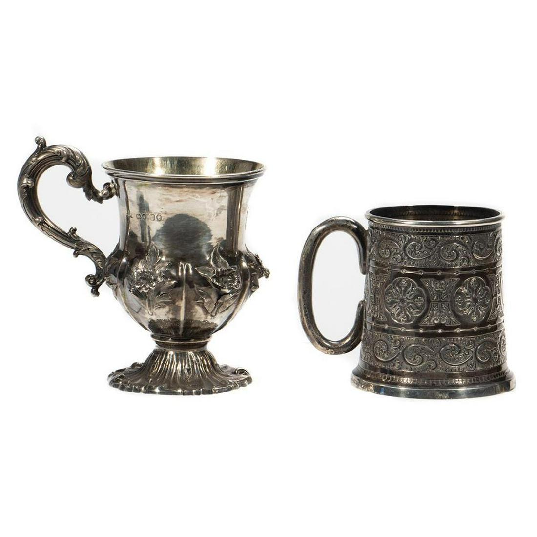 Victorian Sterling Cups: The Gothic Revival example mark for Exeter 1873, the Rococo Revival example with obscured mark. Greatest height 5in. 356 grams total Condition: Tarnish
