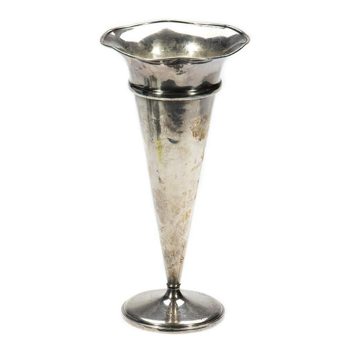 Sterling Vase: Trumpet form with weighted base. Mnogrammed. 12in. H. Condition: Some tarnish, ding to center and rim.