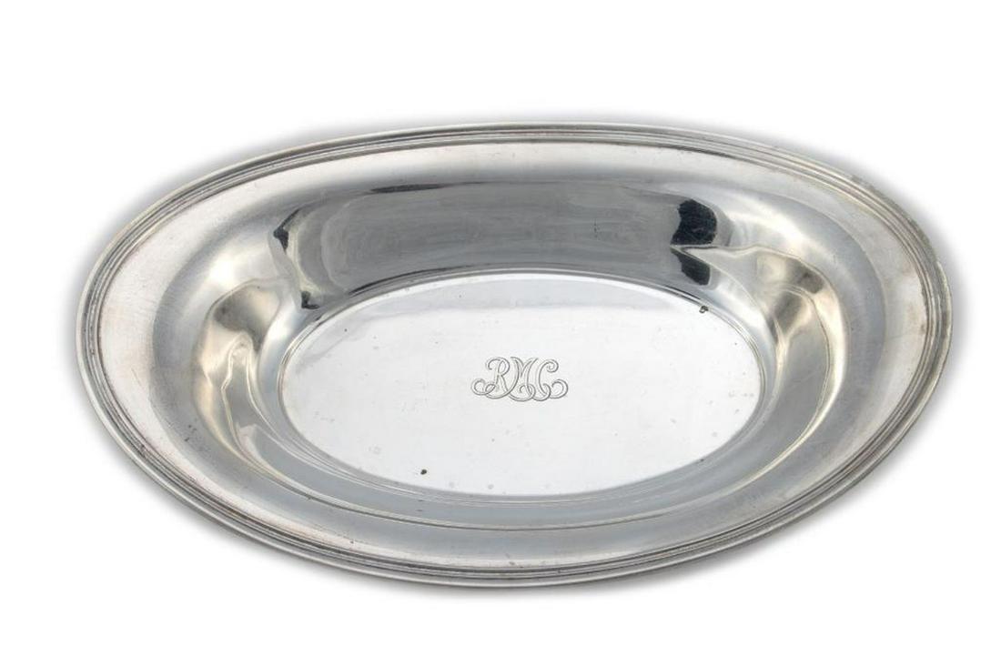 Tiffany & Co. Sterling Serving Bowl: 10 1/2in. l. 352 grams. Monogrammed. Condition: Very good, slight tarnish.