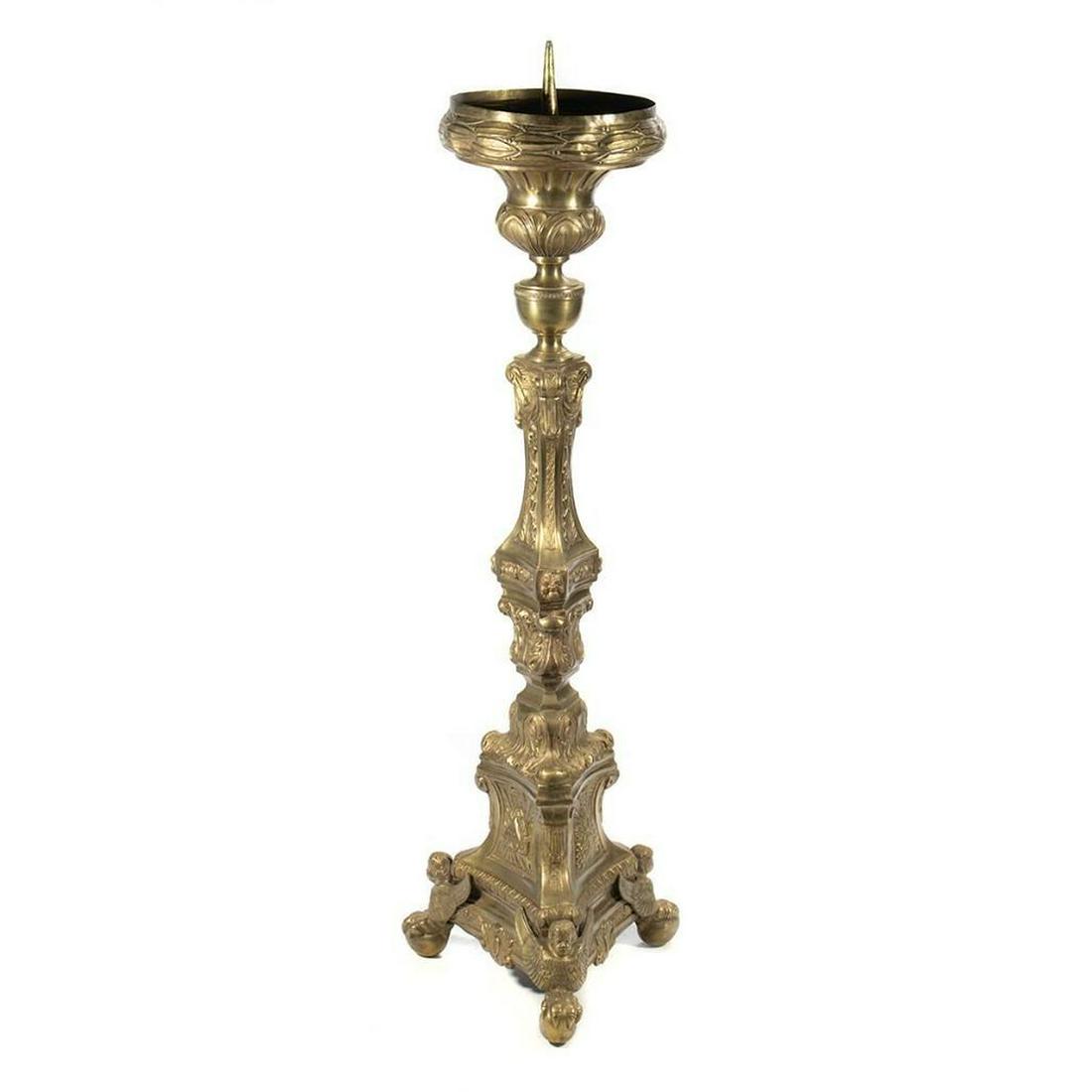 Italian Renaissance Style Altar Pricket: With laurel and foliate repousse overall ending in paw feet. 38in. h Condition: Very good