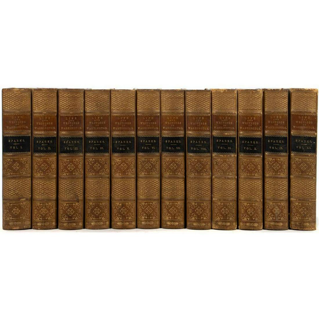 Sparks, Jared. The Writings of George Washington: Twelve volumes. Pub. Little, Brown & Co. Boston. 1855. Containing his addressis, correspondance and other papers. Condition: Light skuffng to covers, some fraying to spines.
