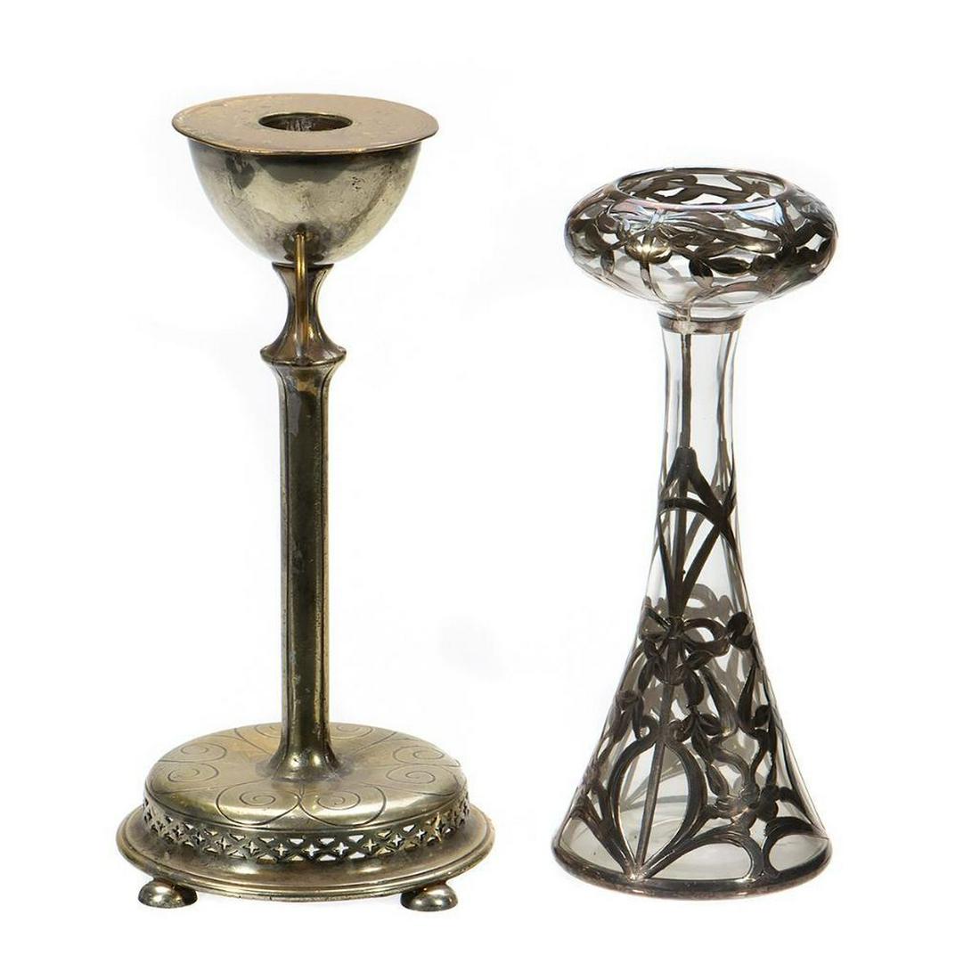 Art Nouveau Sterling Overlay Glass Vase: Together with a Pairpoint gilt candle stick. Greatest height 8in. (20cm) Condition: Very good, light tarnishing.