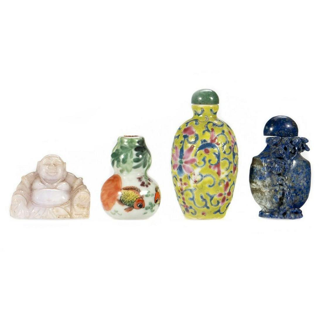Collection of Chinese Snuff Bottles: Including two ceramic, one carved stone bottle and a figure of Buddha. Greatest height 3in.