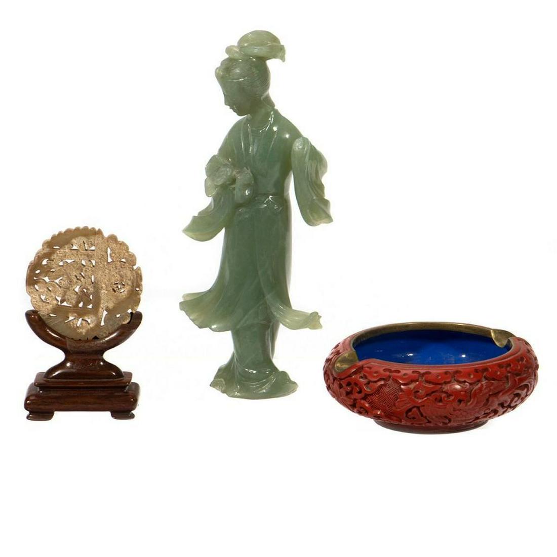 Jade figure of Goddess: Together with a Carnelian ash tray and miniature table screen. Geatest height 7in. Condition: Seveal chips to jade figure