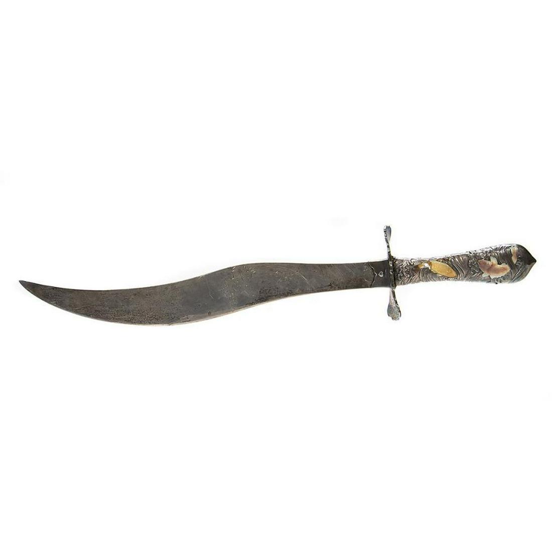 Sterling Asian Export Knife: The curved blade incised with rolling waves, the hilt with gilt carp. 17in. l. Condition: Some tarnish, handle probably weighted