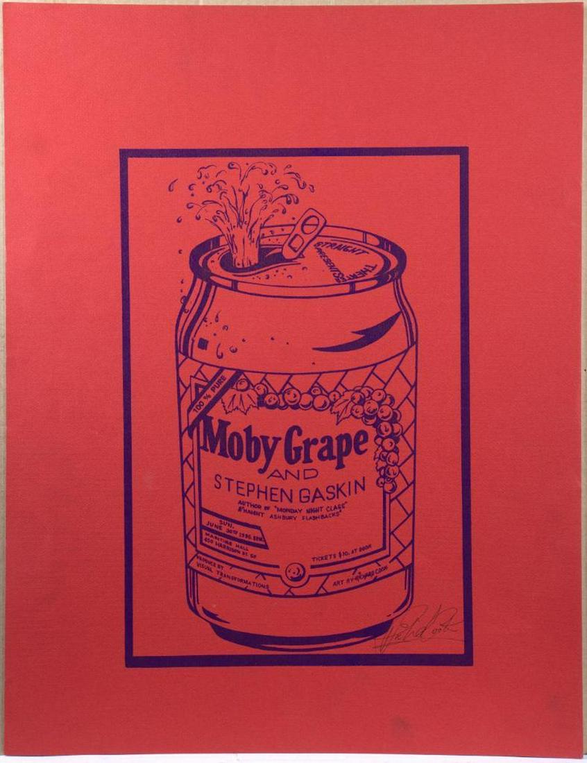 (2) Richard Cook/Moby Grape and Stephen Gasking Posters: Artist: Richard Cook Title: Moby Grape and Stephen Gaskin Date: 6/30/1996 Venue: Maritime Hall, 450 Harrison St, SF Medium: 2 Offset color lithographs Dimensions: 26 1/8 x 20 in. Condition: good
