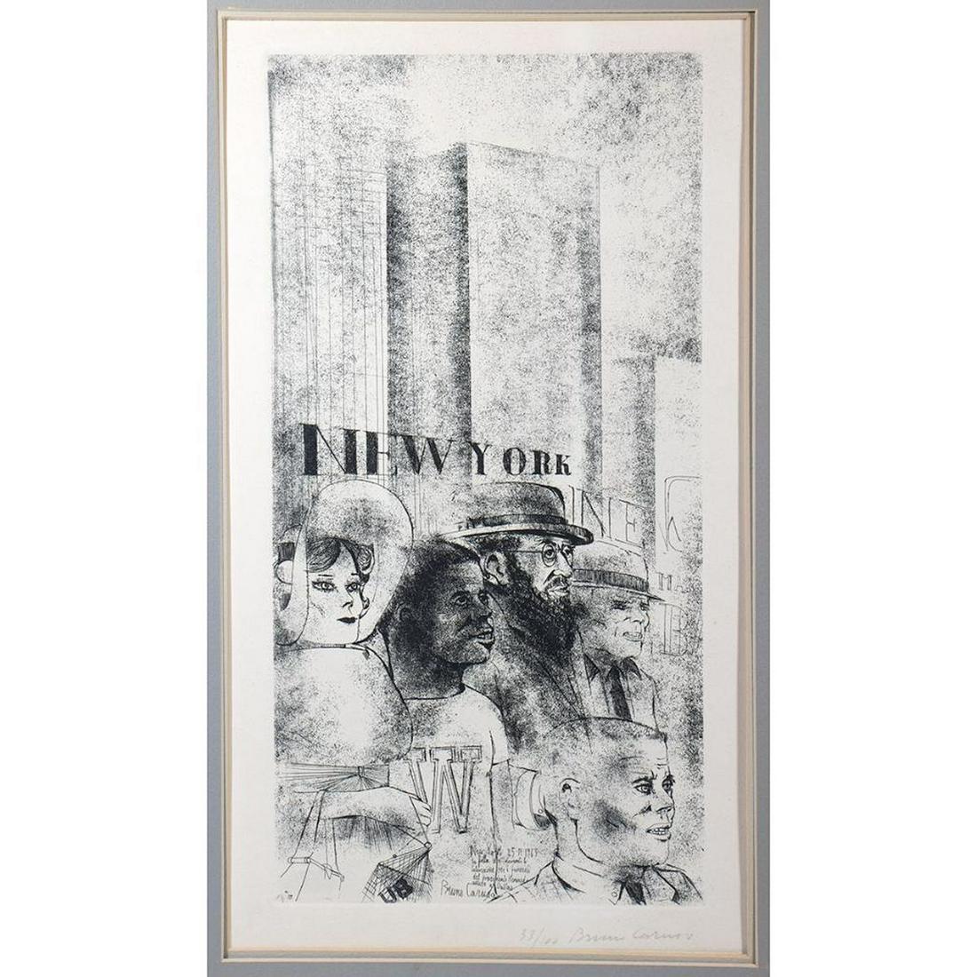 Bruno Caruso (1927-2018): New York, 1963 Etching and aquatint, signed in pencil and numbered 33/100, with full margins. 17 ½ x 9 in. (image) 22 x 15 in. (sheet) In good condition aside from minor surface dirt, minor handling 