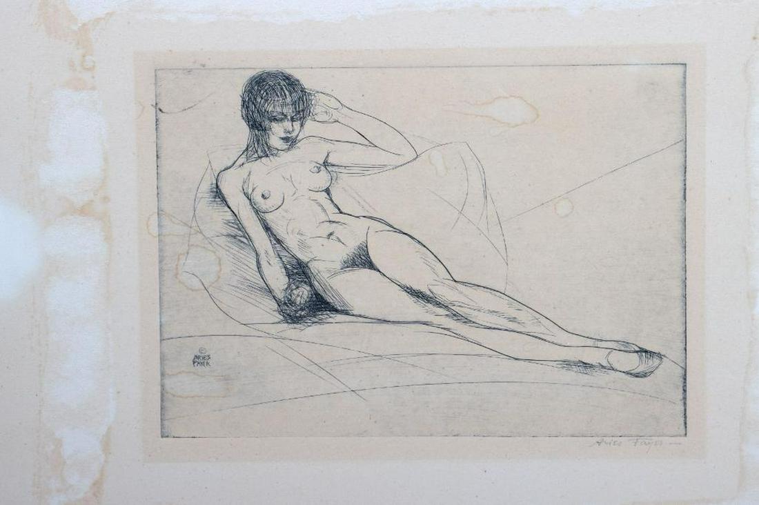 Aries Fayer (b. 1891-?): Nude Etching, signed in pencil and in the plate, with margins. 4 7/8 x 7 in. (image) 10 x 11 ¾ in. (sheet) With skinning of the sheet in the margins, water stains, time and matte staining.