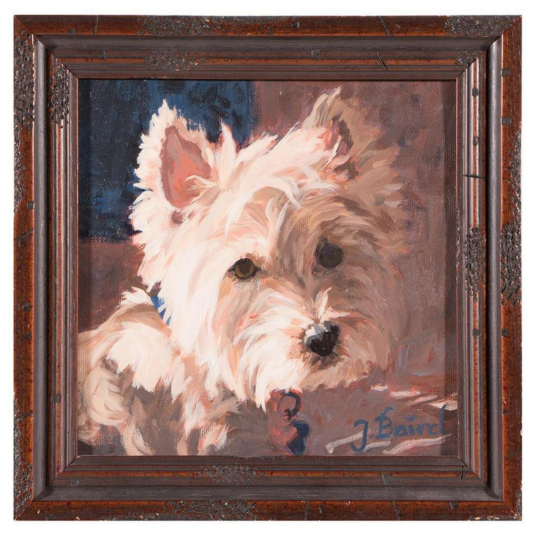 Artist: J. Baird.: Artist: J. Baird. Title: Scotty portrait. Signature: Lower right. Size: Artwork: 8 x8 inches. Frame: 10 1/4 x 10 1/4 inches. Condition: Good. Created: 20th century. Medium: Oil on board.