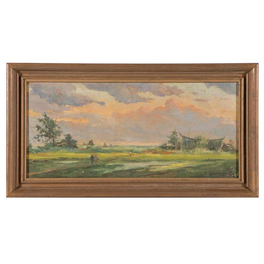 Artist: Illegible.: Artist: Illegible. Title: Impressionist landscape. Signature: Lower right. Size: Artwork:8.25 x 17.25 inches. Frame: 10 3/4 x 20 inches. Condition: Minor paint chipping. Created: Late 19th/early 20th 