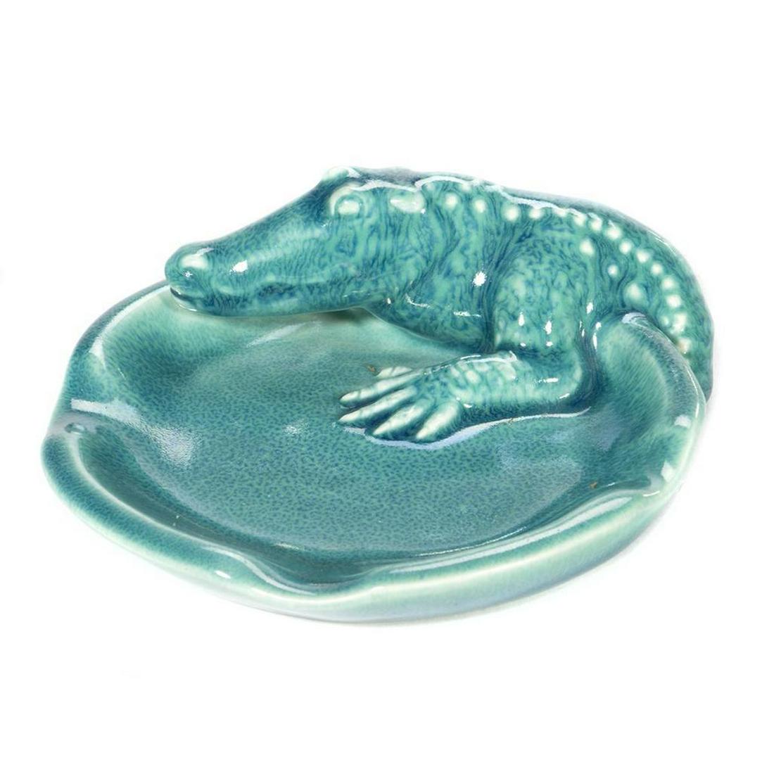 Rookwood Glazed Crocodile Ashtray: Diameter 6in. Condition: Very good, very minor glaze bubble near claw.