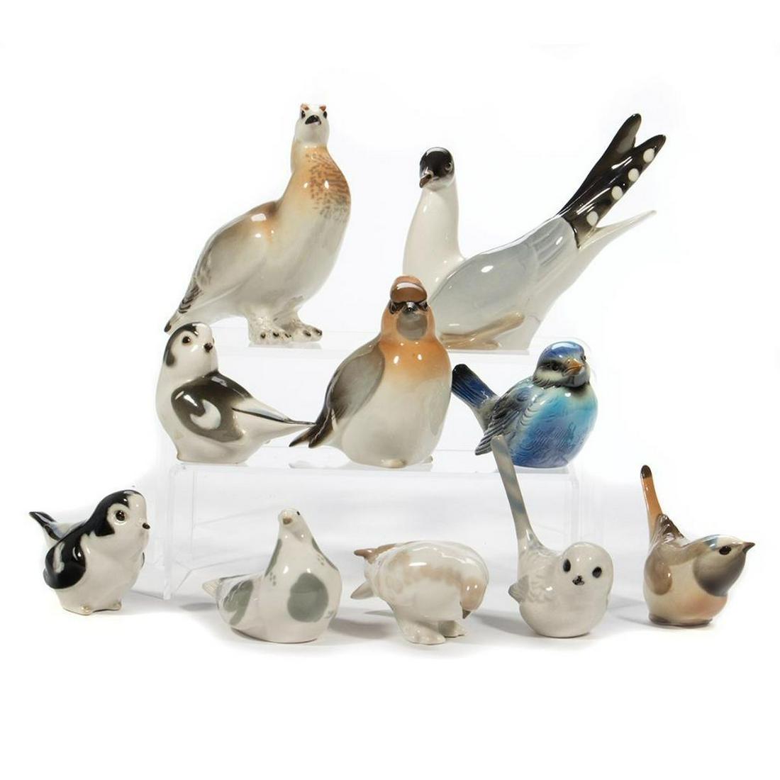 Russian Lomonosov Porcelain Group of Birds: Greatest height 6in. Stamp on base 'Made in USSR'. Condition: Very good, no chips or cracks