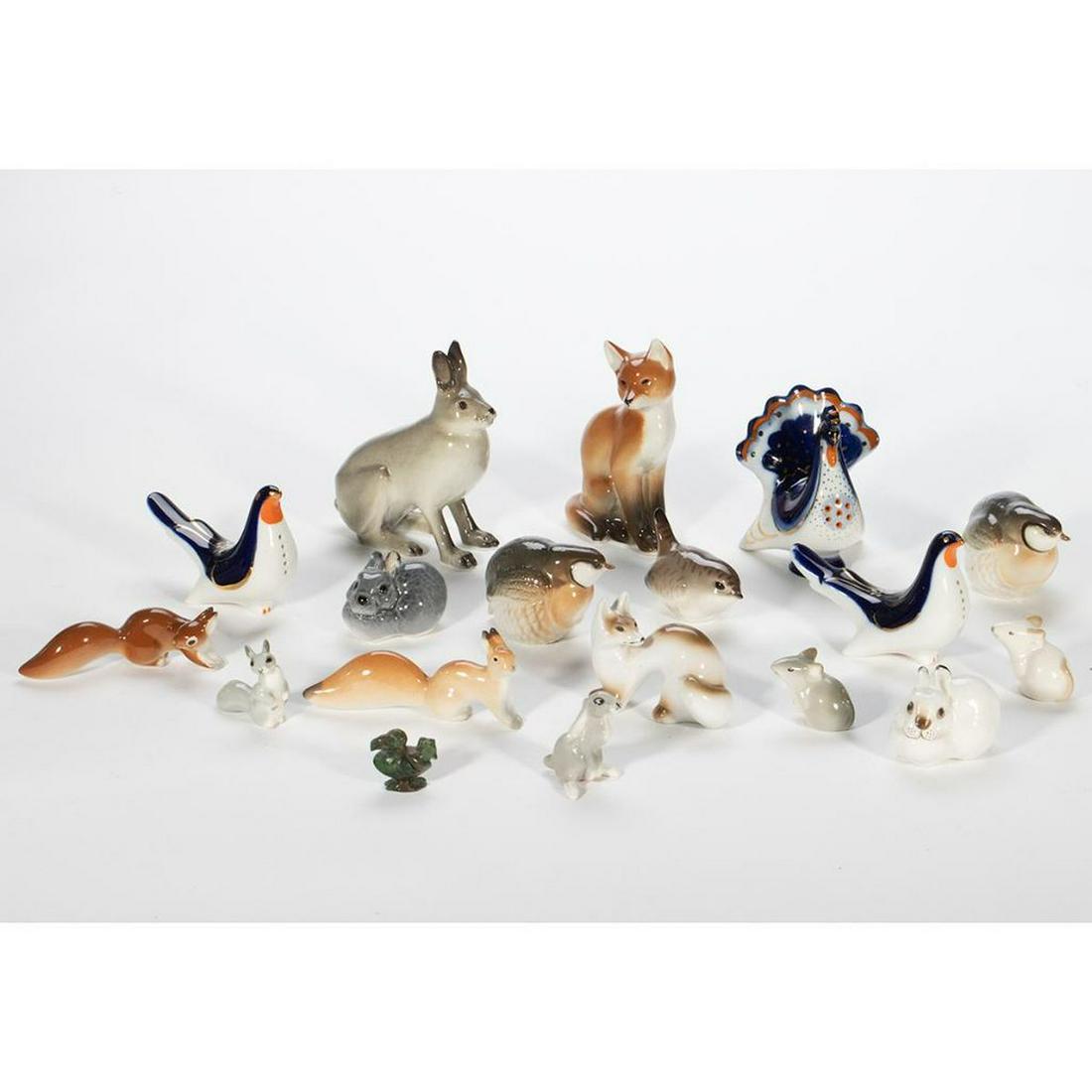 Russian Lomonosov Collection of Various Animals: Greatest height 5in. Stamp on base 'Made in USSR'. Condition: Very good, no chips or cracks