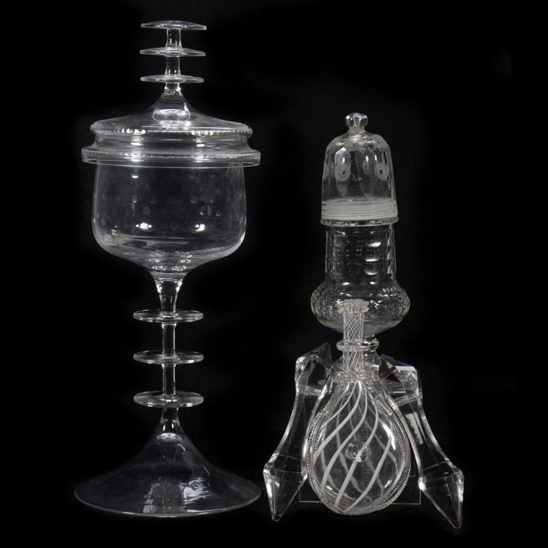 Victorian Nailsea Glass Collection: Including a tall covered compote, a teardrop flask, a muffineer and two paper weights. Greatest height 13in. Condition: No chips or cracks, flask lacking stopper.