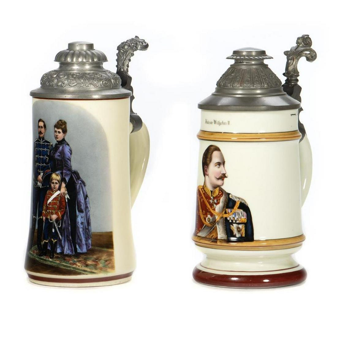German Ceramic Steins: Two, honoring Wilhelm II and Augusta Victoria 8in height. Condition: Very good