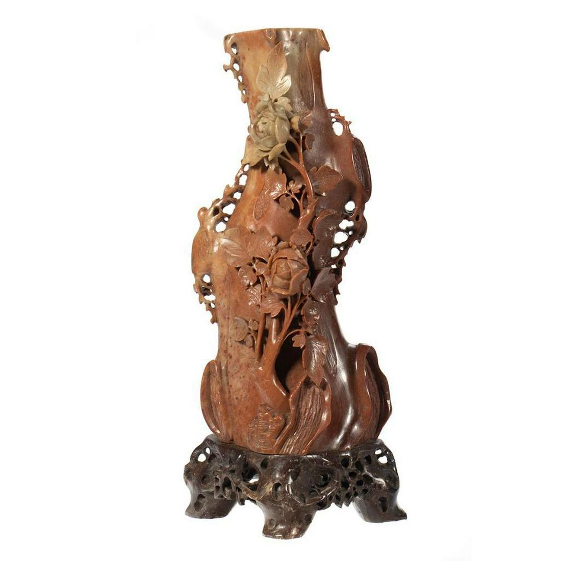 Chinese Carved Hardstone Vase: Carved with trailing rosettes. 11in. H. ConditionL very good.
